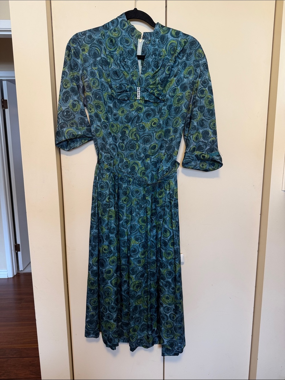 Vintage Blue and Green flower Printed Midi Dress